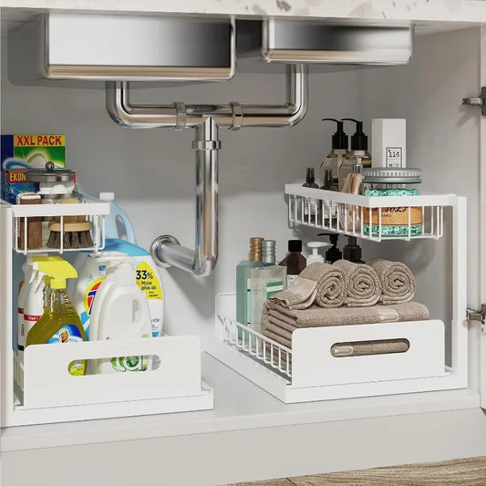 Under Sink Organizer  Under Sink Storage for Kitchen Bathroom Cabinet, White, 2 Pack