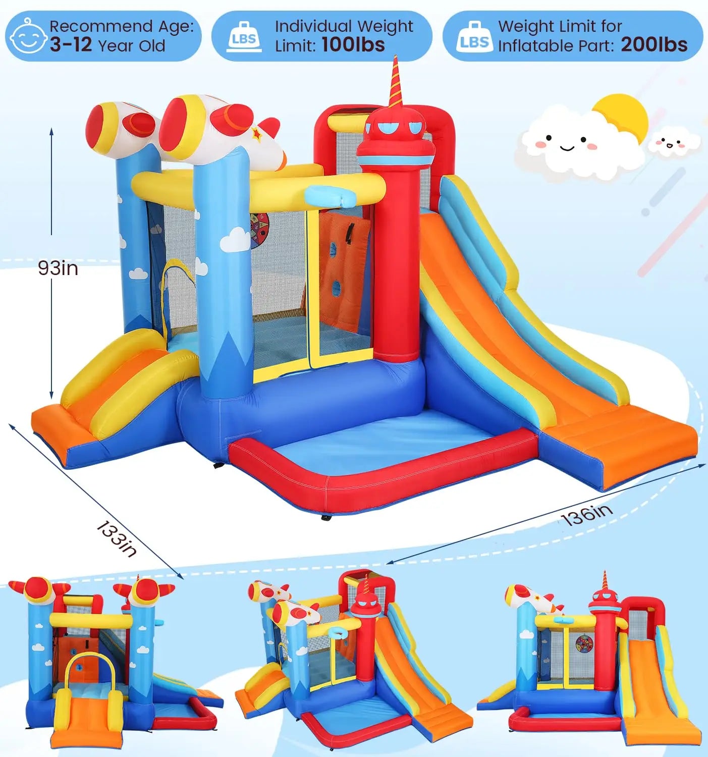 Inflatable Bounce House Water Slide, 7-in-1 Bouncy Castle Combo Water Pool & Bouncing Area & Slides & Basketball, Customized