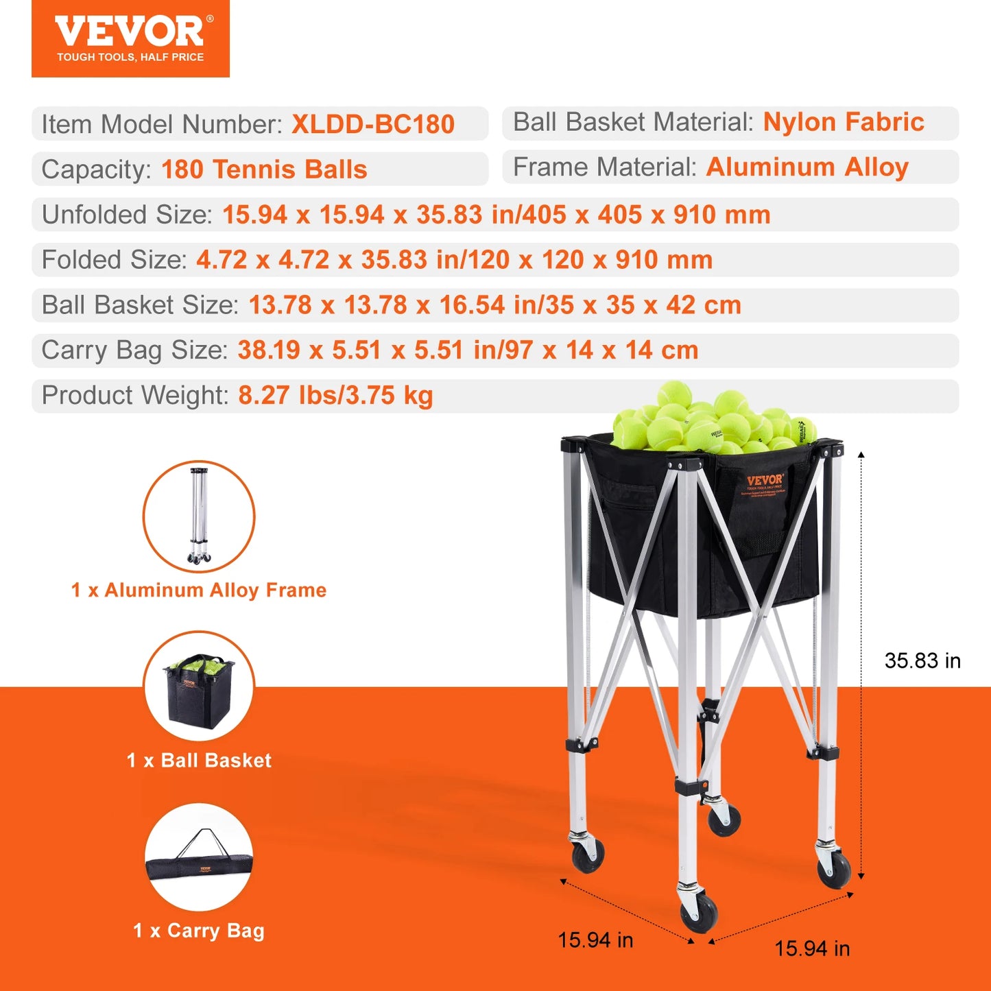 SucceBuy Foldable Tennis Ball Cart Holds 150/180 Tennis Balls Basket Hopper with Wheels Teaching Portable Baseball Trolley