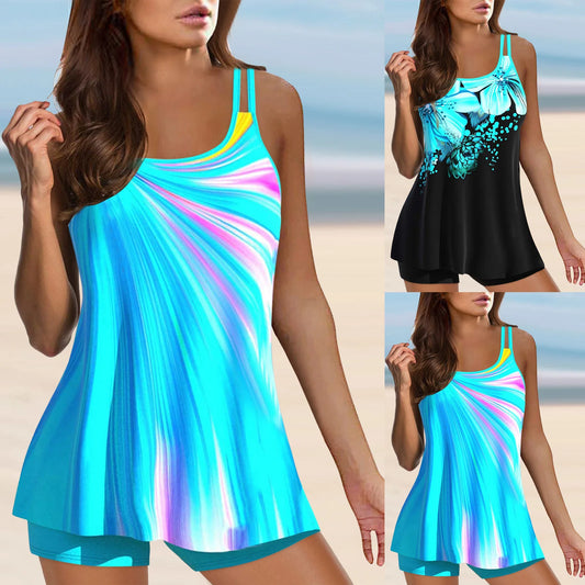 Women'S Swimwear 2024 Women Plus Size Vintage Print Strappy Back Tankini Set Two Piece Swimdress Panty купальники жіночий 2024
