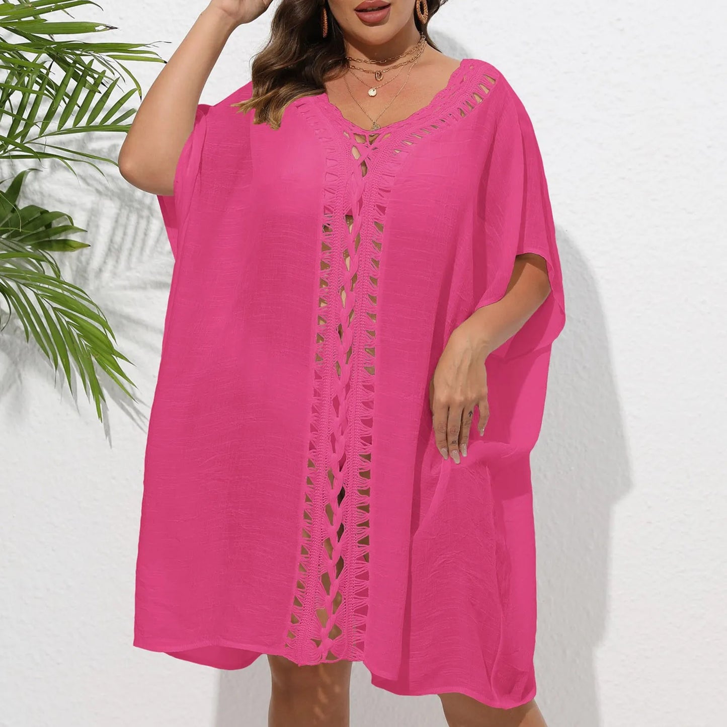 New Hole Beach Cover Ups For Swimwear Women Summer Beach Outfits Sundress Sexy Hollow Out Pink Swim Wear See Through Split Tunic