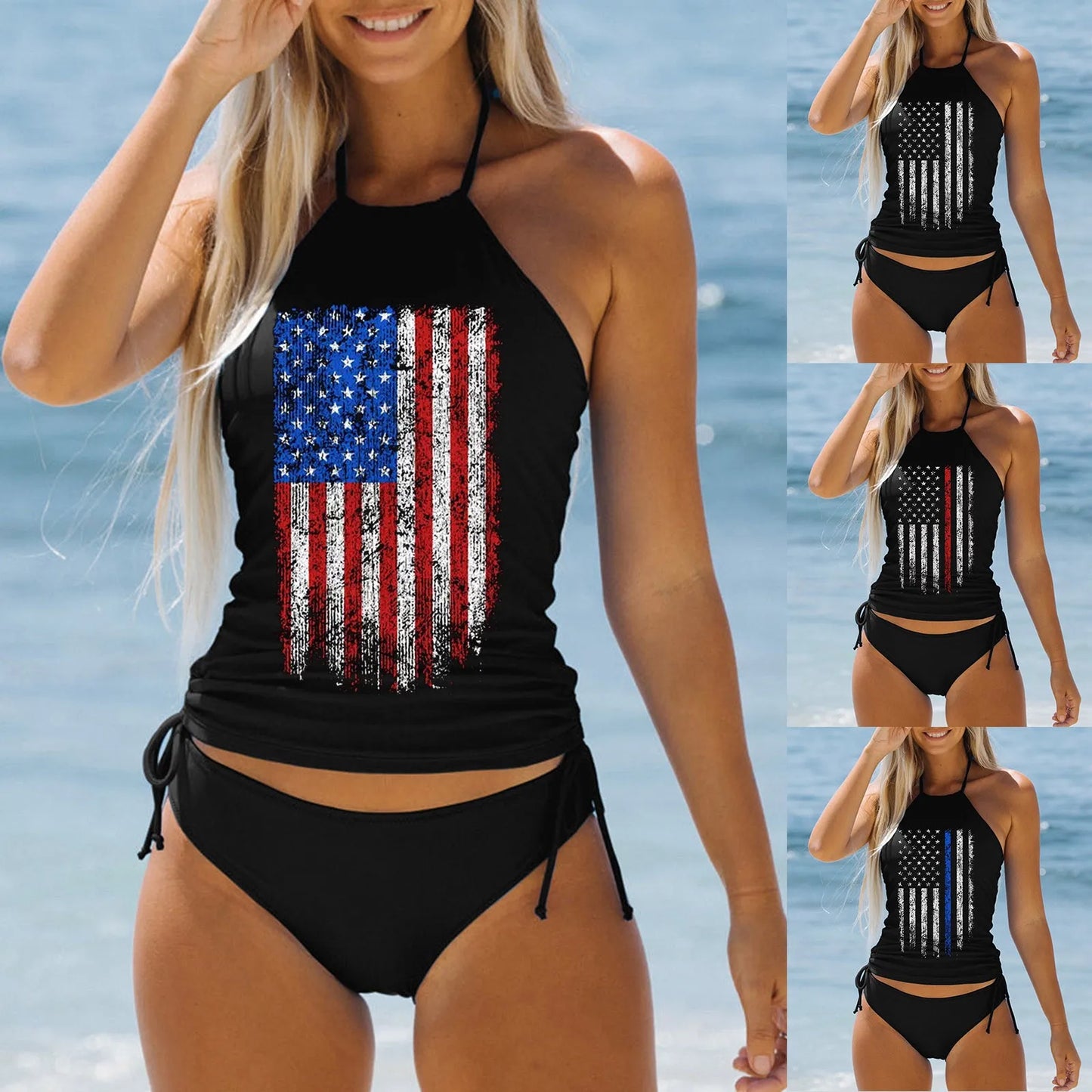 Women'S Swimwear 2 Piece Tankini Americanflag Printed Backless 2 Piece Ladies Fashion Triangle Shorts Halter 2 Piece Swimwears