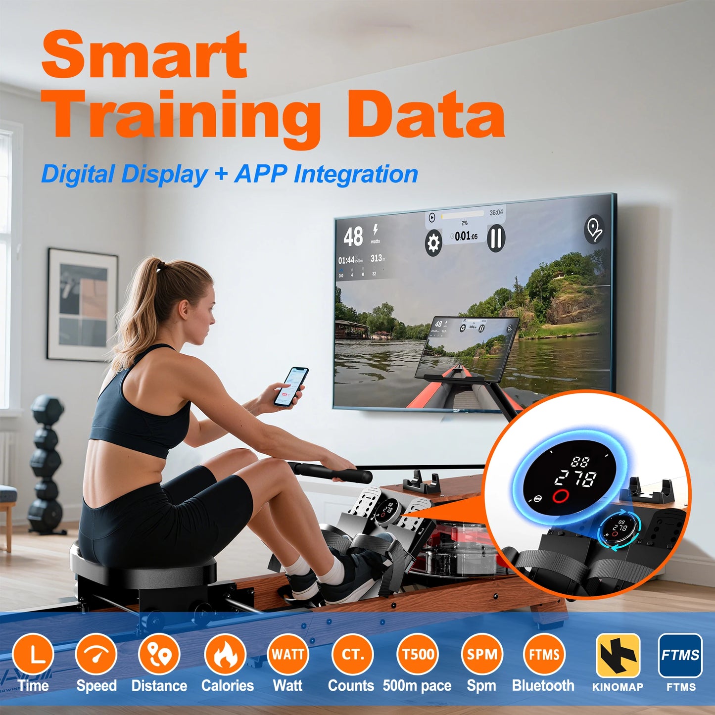 Foldable Oak Wood Water Rowing Machine for Home, App Compatible, Large Tablet Holder, 180kg Load Capacity, Fit for User Height up to 200cm