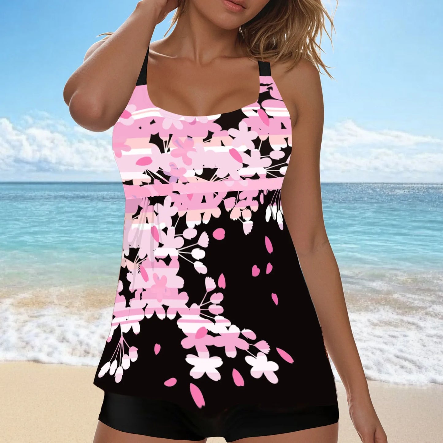 New Plus Size Beach Swimsuit Women Casual Simple Split Fashion Flower Print Swimsuit Full Coverage Bikini Tankini Swimwear