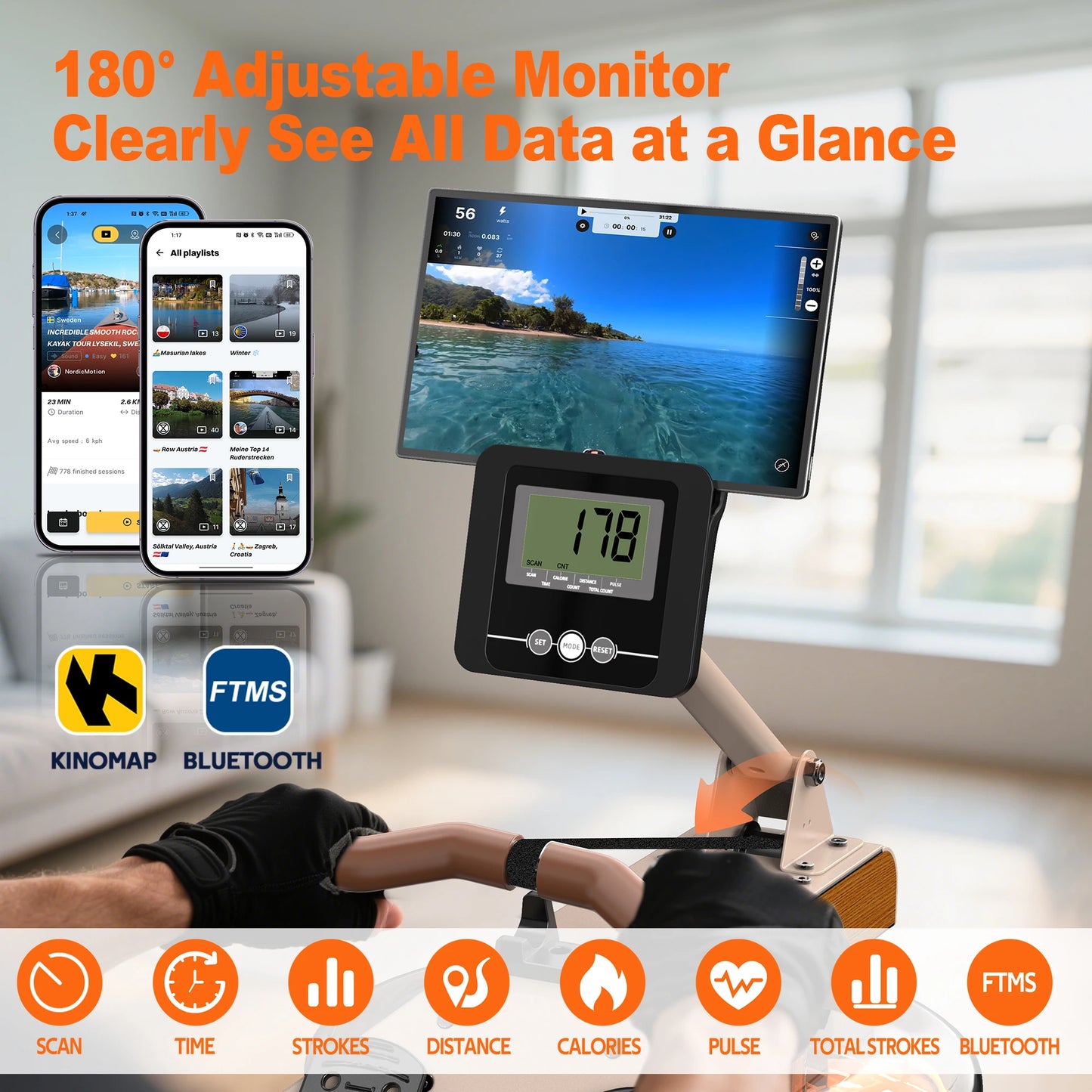 Rowing Machine for Home : Bluetooth Rower Water with Adjustable Tablet Holder - 98% Pre-Mounted Folding Rower