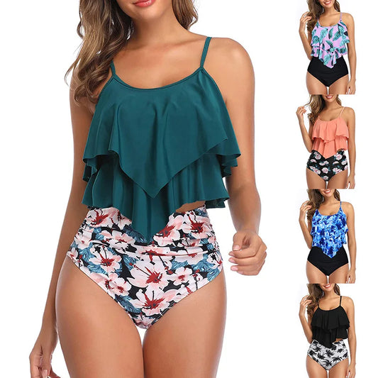 Swimwear Ruffles Women Suits Two Piece Sets Printed Beachwear High Waist Bikini Set Bottoms Push Up Tankini Swimsuits Women