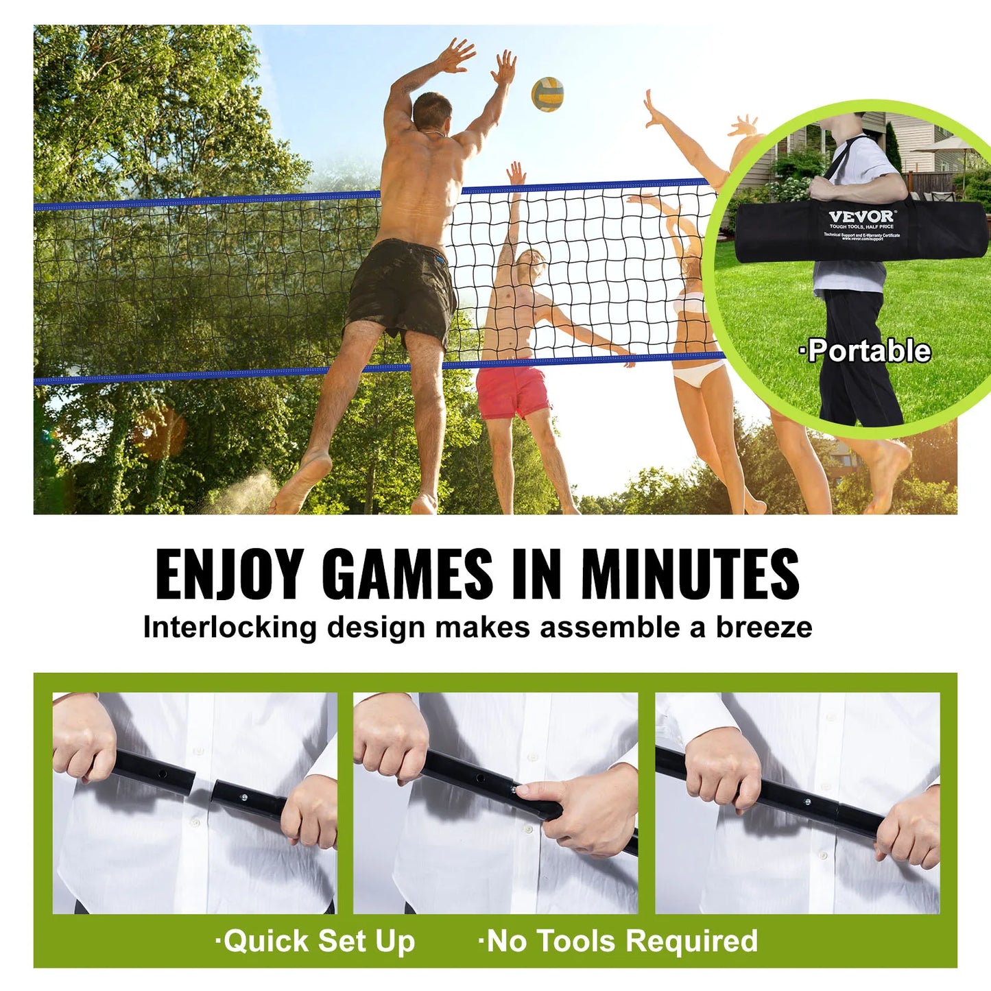 SucceBuy Outdoor Volleyball Net System Adjustable Height Steel Poles W/ PVC Volleyball Pump Carrying Bag for Backyard Beach Lawn