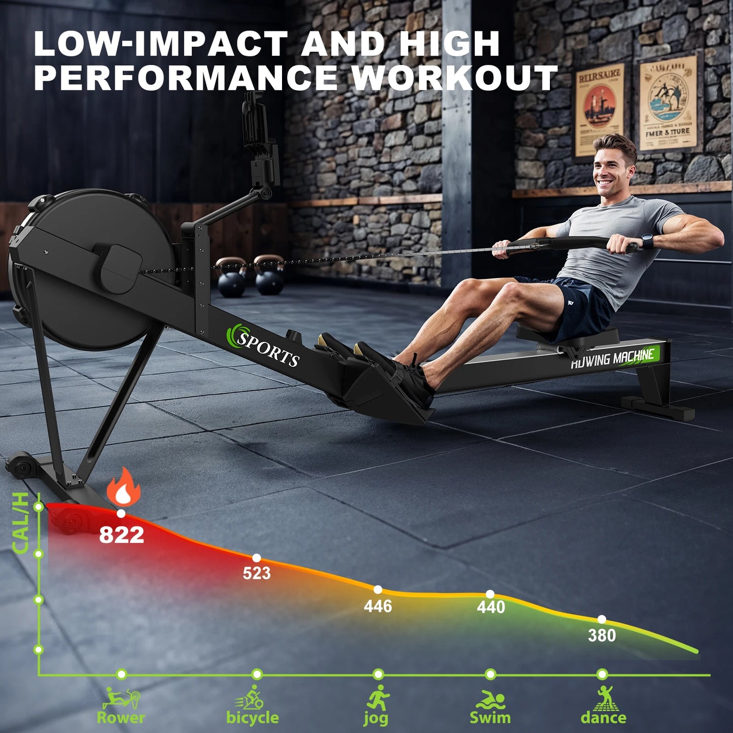 Rowing Machine for Home with Air Resistance, Bluetooth Board Computer, Adjustable Tablet Holder, 160 kg Weight Capacity