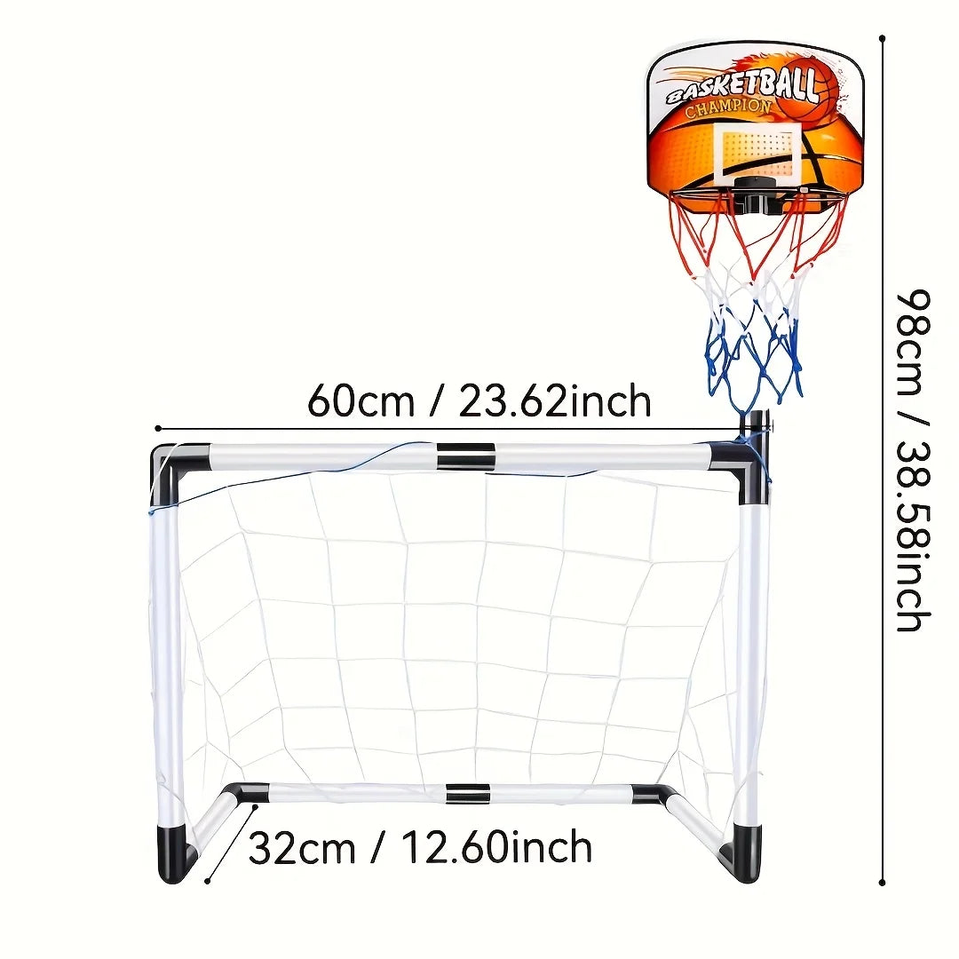 2-in-1 football goal and orange basketball hoop, perfect as gifts for Halloween, Christmas, Thanksgiving and birthdays.