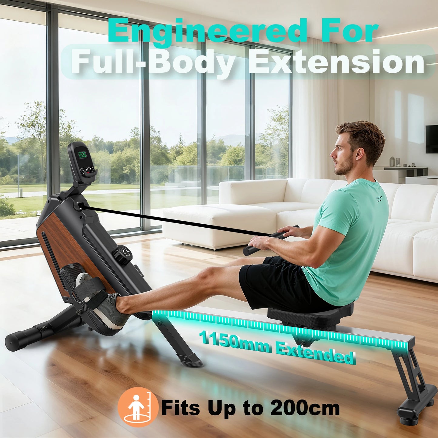 MettleMatic Foldable Rowing Machine - 16 Levels Magnetic Resistance & LCD Monitor - 300N Quiet Rower for Home Cardio Training