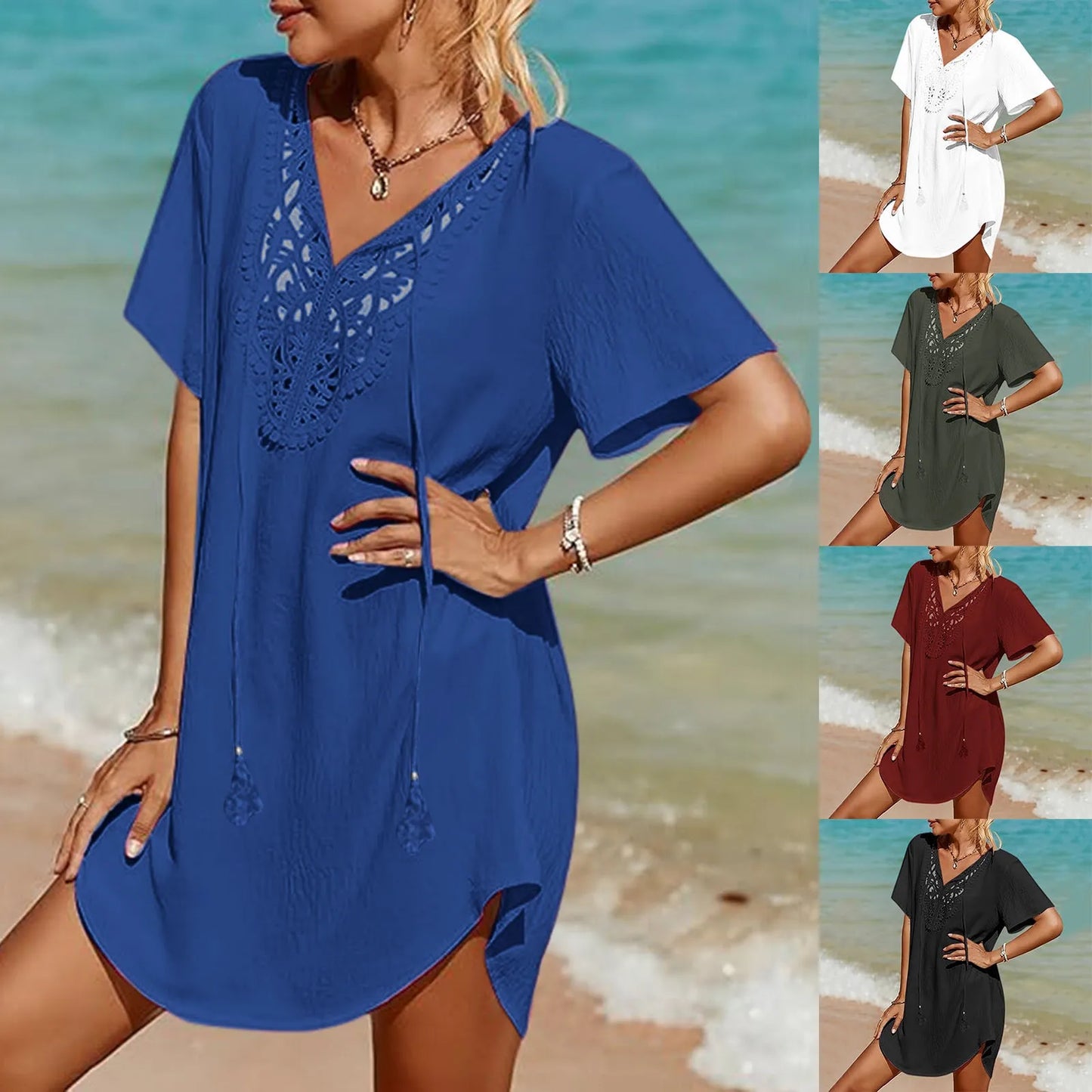 Plus Size Beach Dress Women Lace Crochet Cover Up For Swimwear Swimsuit Bikini Cover-Ups Summer Clothes Vacation Dresses
