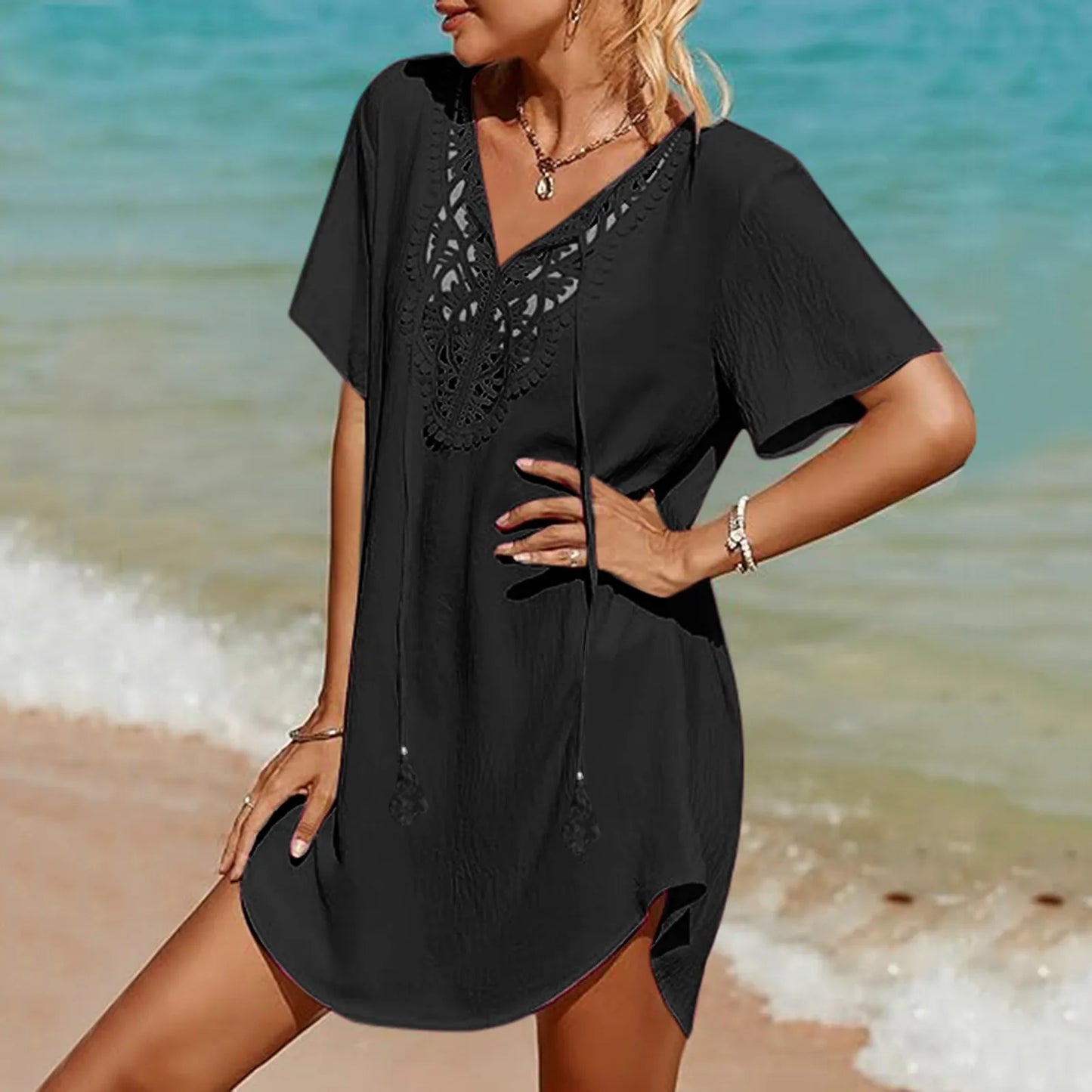 Plus Size Beach Dress Women Lace Crochet Cover Up For Swimwear Swimsuit Bikini Cover-Ups Summer Clothes Vacation Dresses