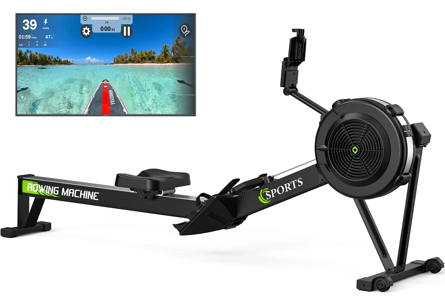 Rowing Machine for Home with Air Resistance, Bluetooth Board Computer, Adjustable Tablet Holder, 160 kg Weight Capacity