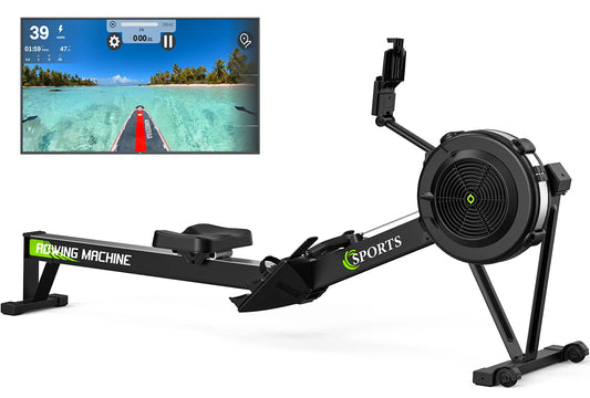Rowing Machine for Home with Air Resistance, Bluetooth Board Computer, Adjustable Tablet Holder, 160 kg Weight Capacity