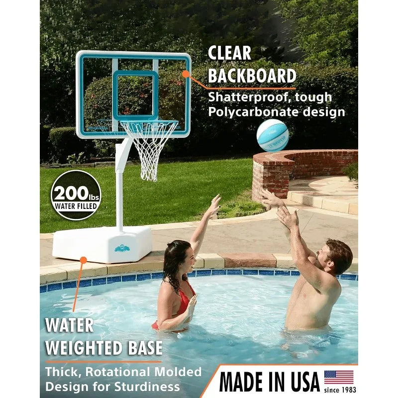Dunn-Rite Splash & Shoot Outdoor Adjustable Height Swimming Pool Basketball Hoop w/Ball, Base, & 18 Inch Stainless Steel Rim, Ma