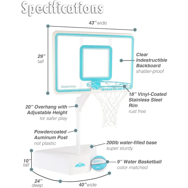 Dunn-Rite Splash & Shoot Outdoor Adjustable Height Swimming Pool Basketball Hoop w/Ball, Base, & 18 Inch Stainless Steel Rim, Ma