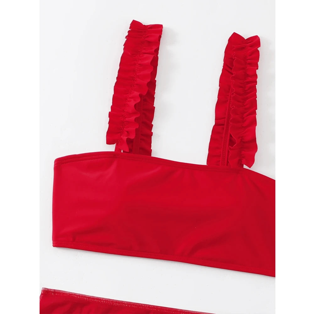 2026 Red Swimsuit Women Sexy High Waist Skirt Three-Piece Bikini Ruffle Suspender Chest Wrap Swimwear Summer Beach Bathing Suit