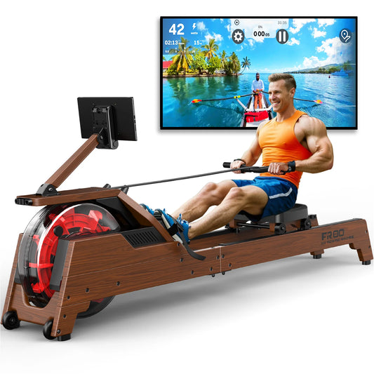 Fysiq Rowing Machine for Home: Wooden Water Rower with Vertical Water Tank, Bluetooth Compatible, for Users up to 210 cm Tall
