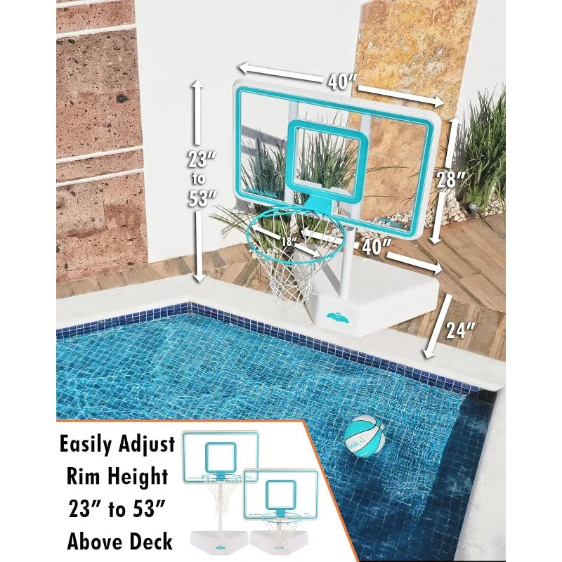 Dunn-Rite Splash & Shoot Outdoor Adjustable Height Swimming Pool Basketball Hoop w/Ball, Base, & 18 Inch Stainless Steel Rim, Ma