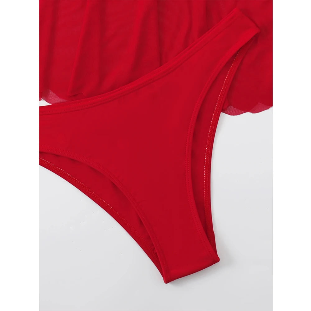 2026 Red Swimsuit Women Sexy High Waist Skirt Three-Piece Bikini Ruffle Suspender Chest Wrap Swimwear Summer Beach Bathing Suit