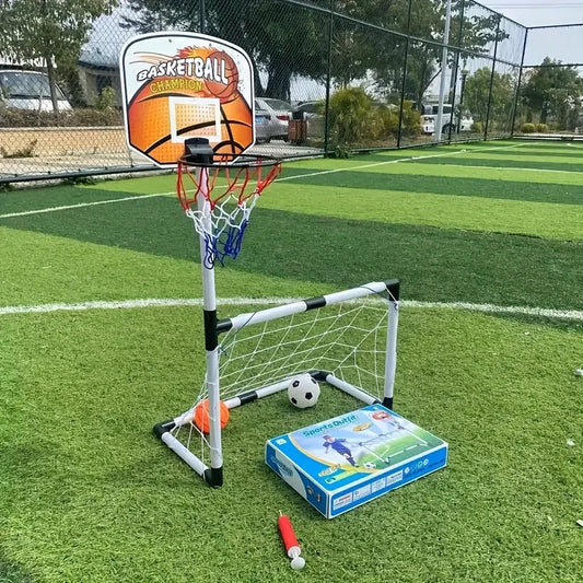2-in-1 football goal and orange basketball hoop, perfect as gifts for Halloween, Christmas, Thanksgiving and birthdays.