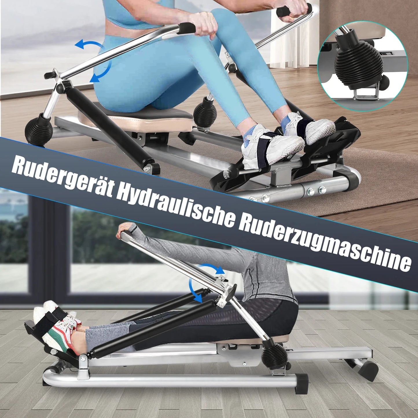 Hydraulic Full-motion Adjustable Rowing Machine, with Soft Seat LCD Display and Long Track, for Aerobic Exercise