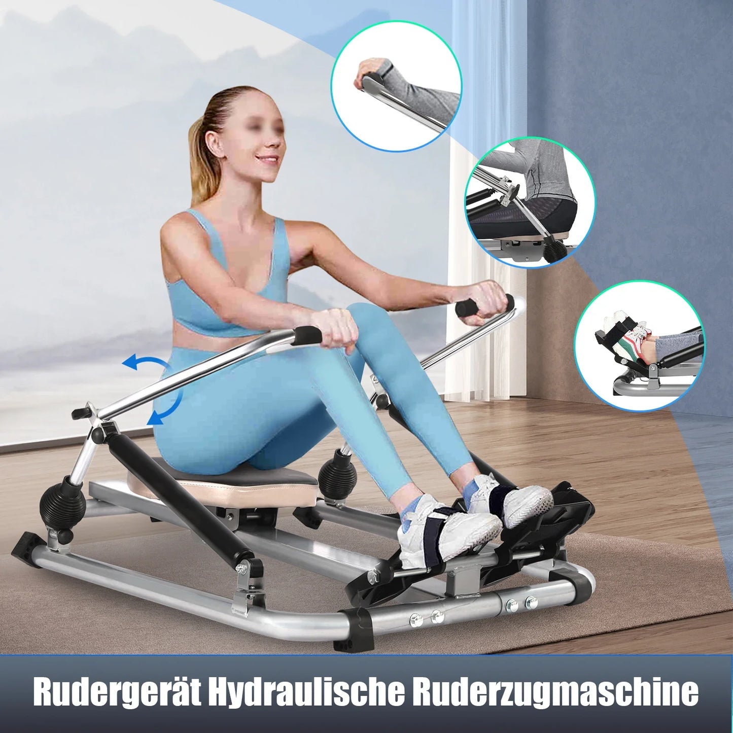 Hydraulic Full-motion Adjustable Rowing Machine, with Soft Seat LCD Display and Long Track, for Aerobic Exercise