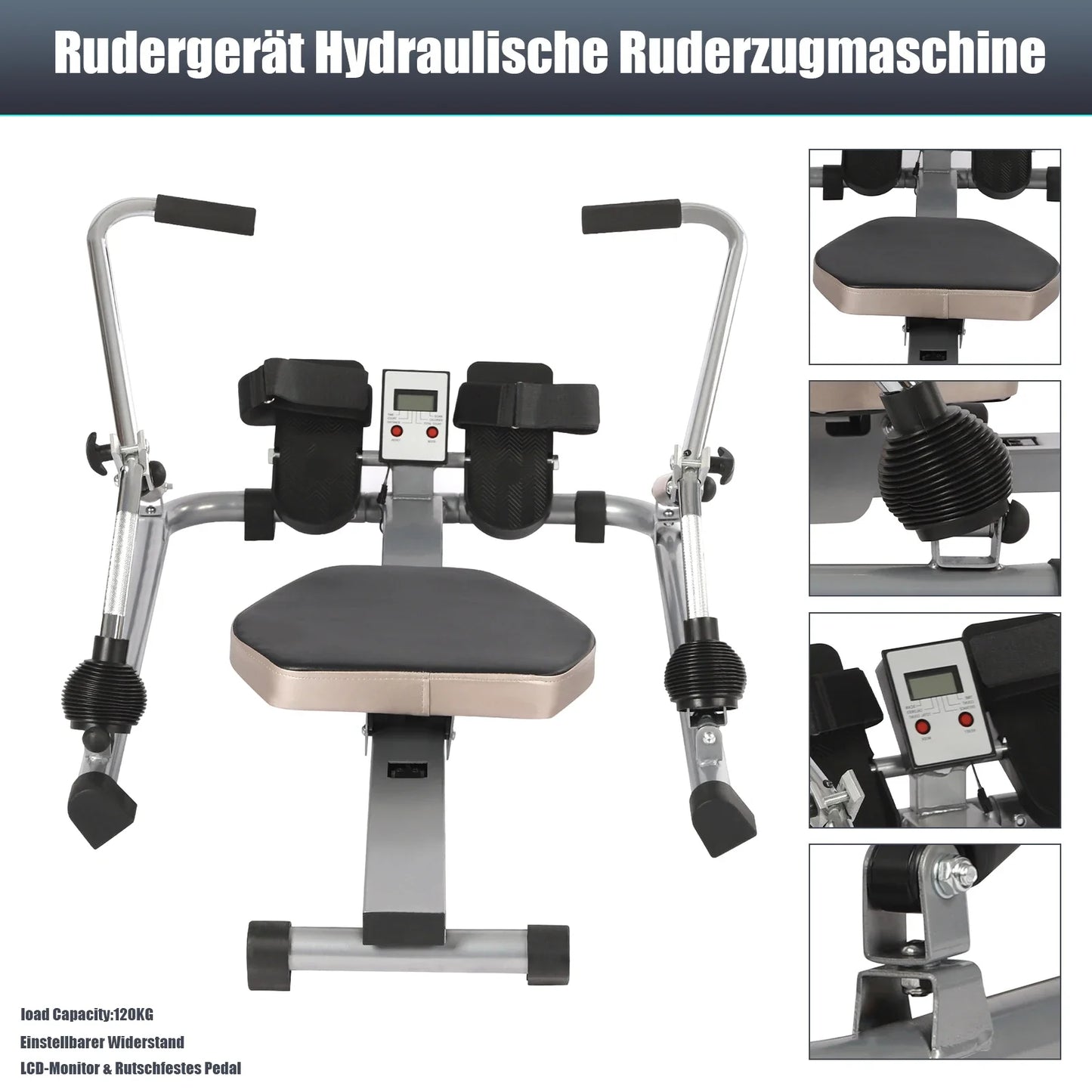 Hydraulic Full-motion Adjustable Rowing Machine, with Soft Seat LCD Display and Long Track, for Aerobic Exercise