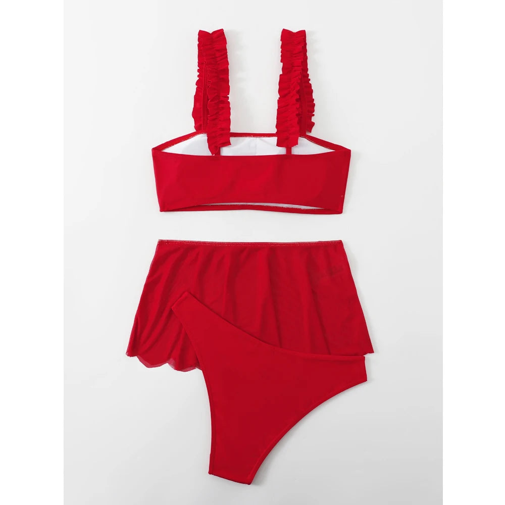 2026 Red Swimsuit Women Sexy High Waist Skirt Three-Piece Bikini Ruffle Suspender Chest Wrap Swimwear Summer Beach Bathing Suit