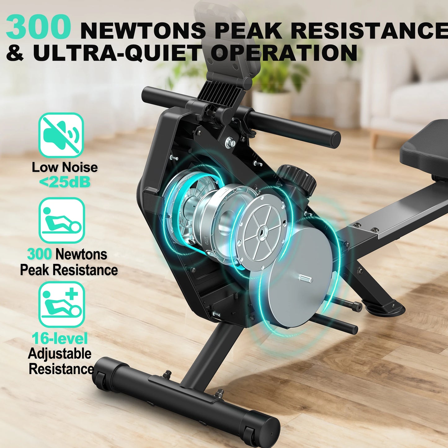 MettleMatic Foldable Rowing Machine - 16 Levels Magnetic Resistance & LCD Monitor - 300N Quiet Rower for Home Cardio Training