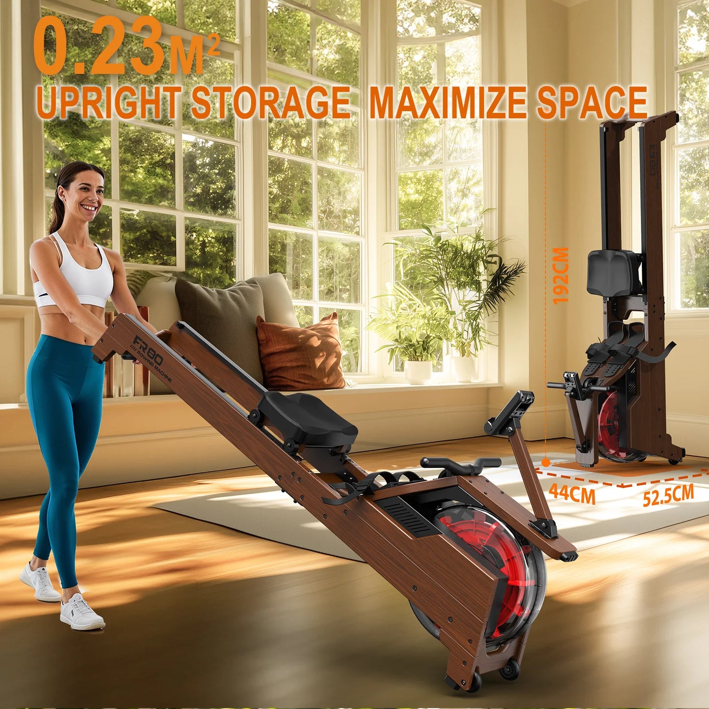 Fysiq Rowing Machine for Home: Wooden Water Rower with Vertical Water Tank, Bluetooth Compatible, for Users up to 210 cm Tall