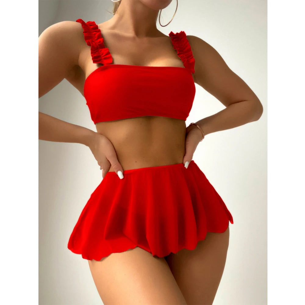 2026 Red Swimsuit Women Sexy High Waist Skirt Three-Piece Bikini Ruffle Suspender Chest Wrap Swimwear Summer Beach Bathing Suit