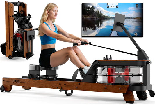 Foldable Oak Wood Water Rowing Machine for Home, App Compatible, Large Tablet Holder, 180kg Load Capacity, Fit for User Height up to 200cm