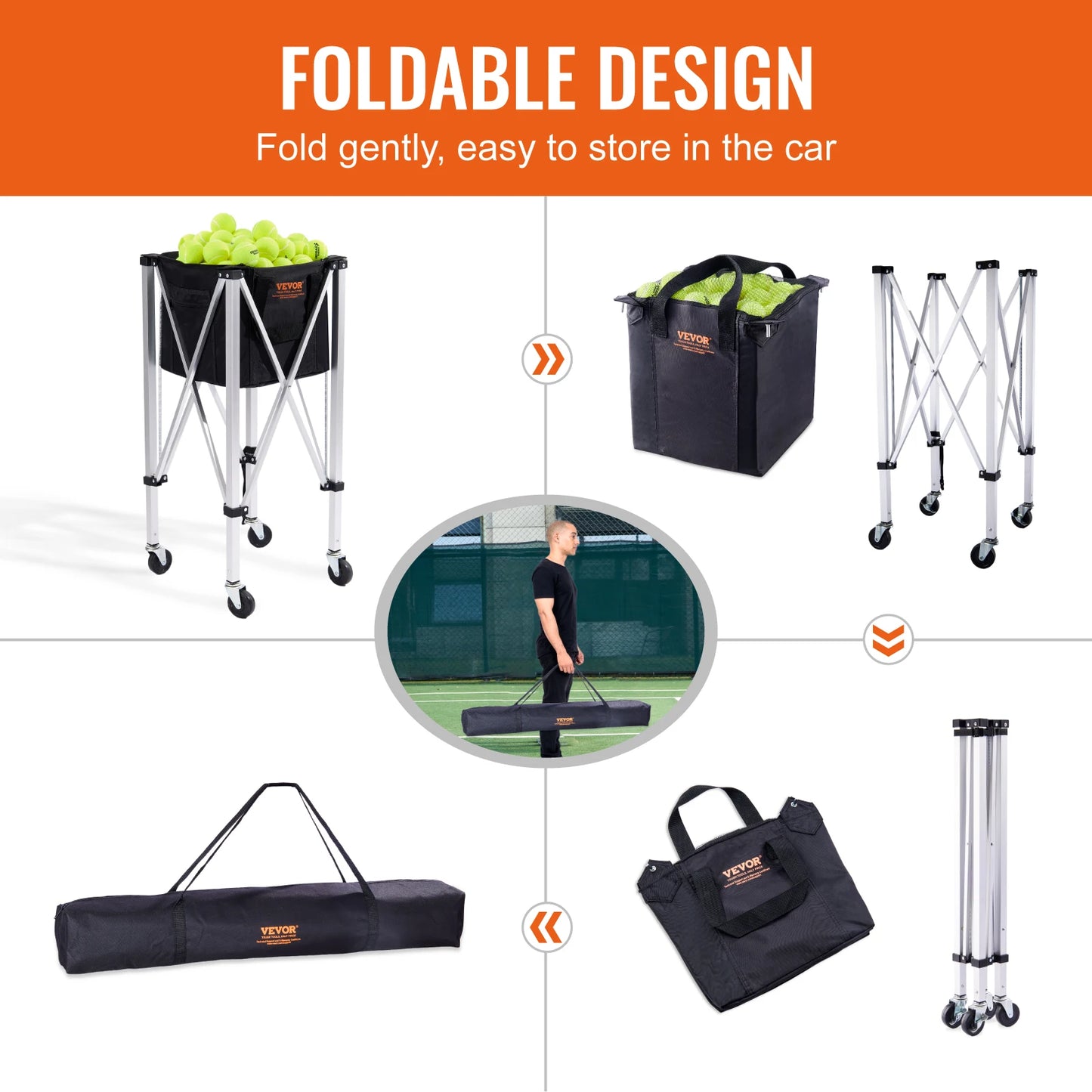 SucceBuy Foldable Tennis Ball Cart Holds 150/180 Tennis Balls Basket Hopper with Wheels Teaching Portable Baseball Trolley