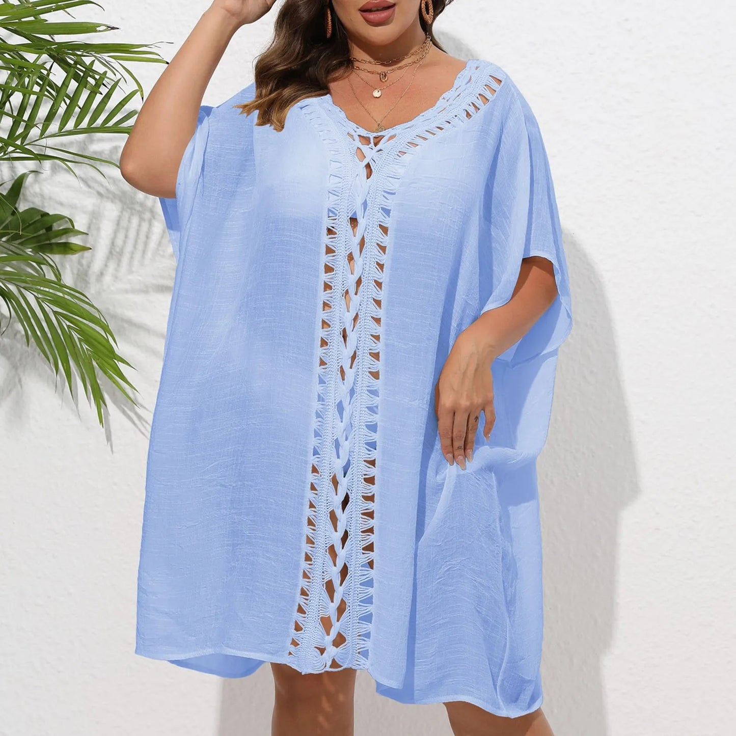 New Hole Beach Cover Ups For Swimwear Women Summer Beach Outfits Sundress Sexy Hollow Out Pink Swim Wear See Through Split Tunic