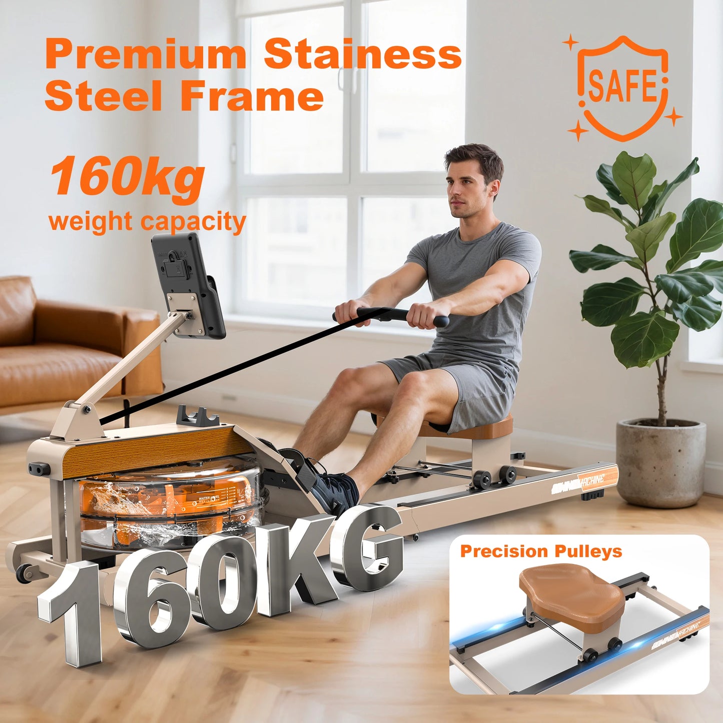 Rowing Machine for Home : Bluetooth Rower Water with Adjustable Tablet Holder - 98% Pre-Mounted Folding Rower