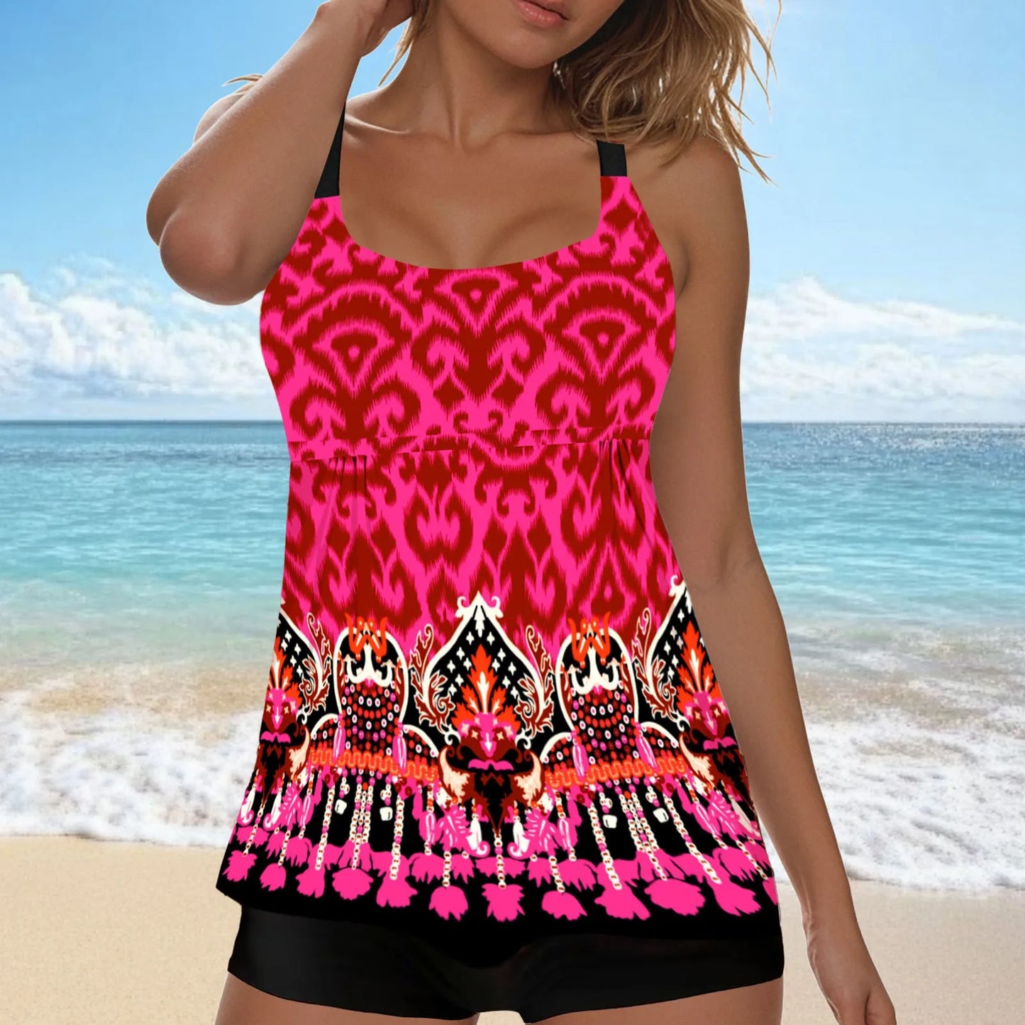 New Plus Size Beach Swimsuit Women Casual Simple Split Fashion Flower Print Swimsuit Full Coverage Bikini Tankini Swimwear