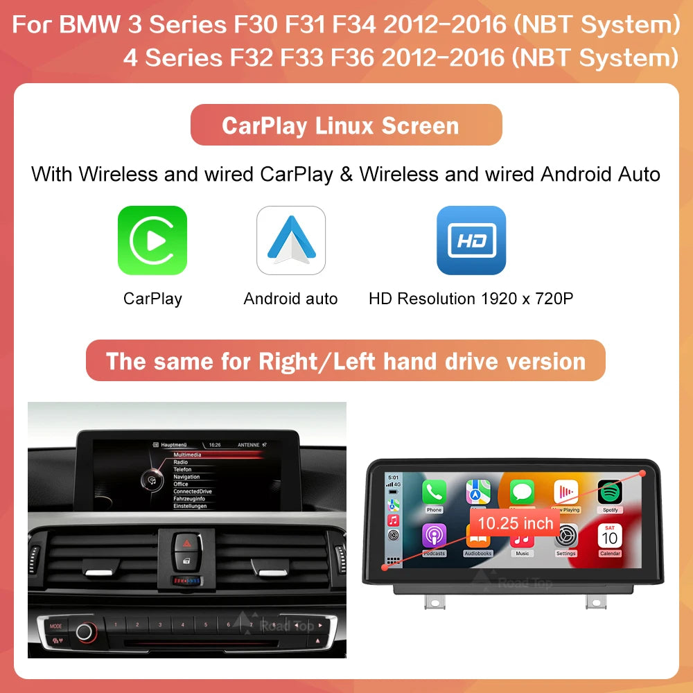 10.25'' 1920*720 Wireless Carplay Android Auto Multimedia Display For BMW 3 4 Series F30 F31 F32 F33 F34 F36 NBT Touch Screen