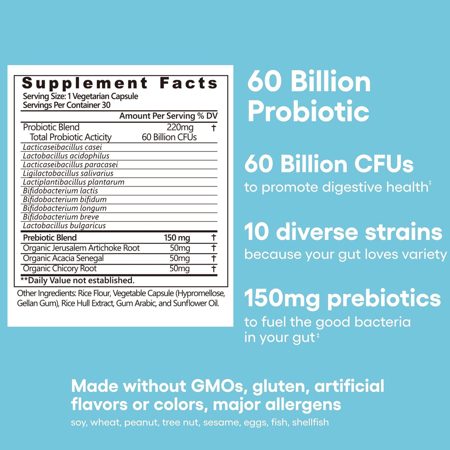 Probiotics 60 Billion CFU  10 Strains  Organic Prebiotics - Immune, Digestive  Gut Health - Supports Occasional Constipation, Diarrhea, Gas & Bloating - For Women & Men - 30ct
