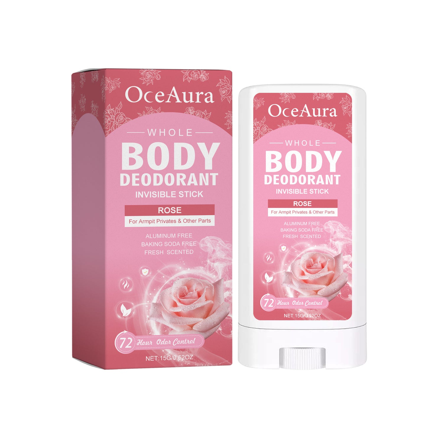 OceAuraローズボディデオドラントスティック（ローズフレグランス）は、脇の下のニオイを軽減する、自然で爽やかなデオドラントです。
