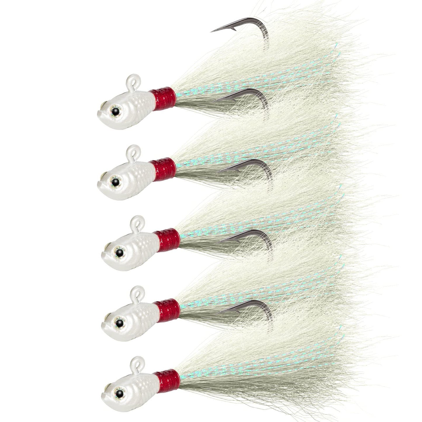 Alwonder 5-Pack Bucktail Jigs Hair Jigs Saltwater Freshwater Fishing Bucktail Lures Surf Fishing Jig Heads Swimbait Jig for Bass Flounder Striper Bluefish Halibut Redfish White 1/2oz