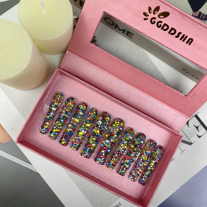 GGddsha 2025 ロングネイルデザイン 再利用可能 PMMAアクリルバロックガラススタイル プレスオンネイルボックス付き 女性用ギフト、モザイクミラージュ