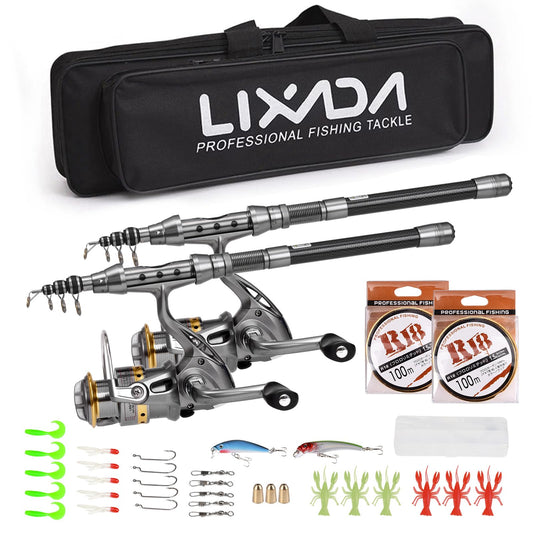 Lixada 2PCS 釣り竿コンボセット 1.5/1.8/2.1/2.4m ロッドリール 伸縮式釣り竿 カーボンファイバースピニングリール 釣りセット フック ソフトルアー バレルスイベル 収納バッグ付き