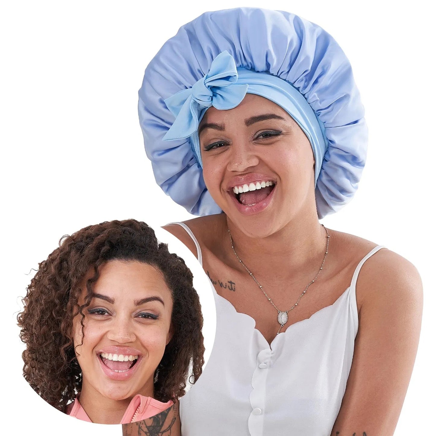 就寝用シルクボンネット（女性用）、就寝用サテンヘアボンネット（ウェーブ・カーリー・天然髪の男女兼用） - ブルー