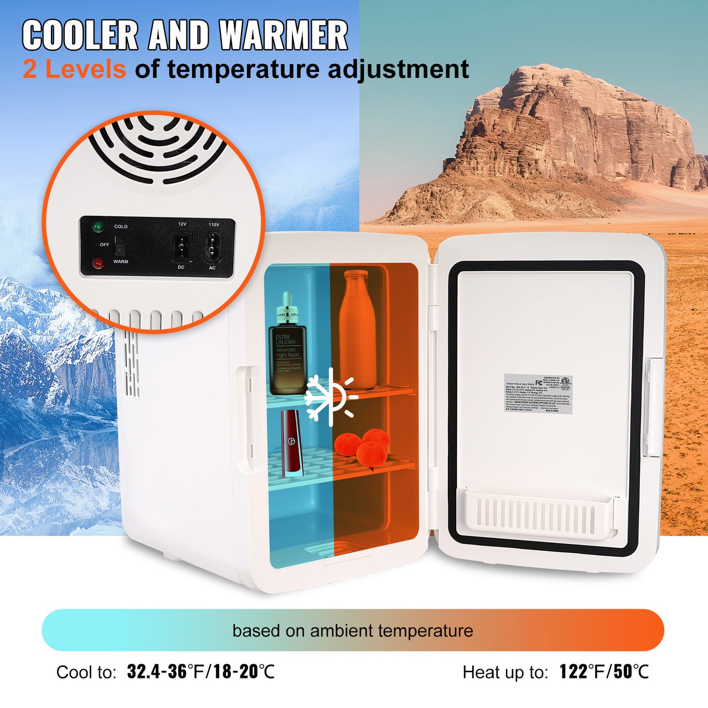 Vevor Mini Fridge,10L 12 Can Luxury Skin Care Refrigerator,  Small Beverage Fridges For Bedroom Office Dorm Car Travel,  AC DC Cooler & Heat For Foods, Drink, Breast Milk Storage & Chill, White