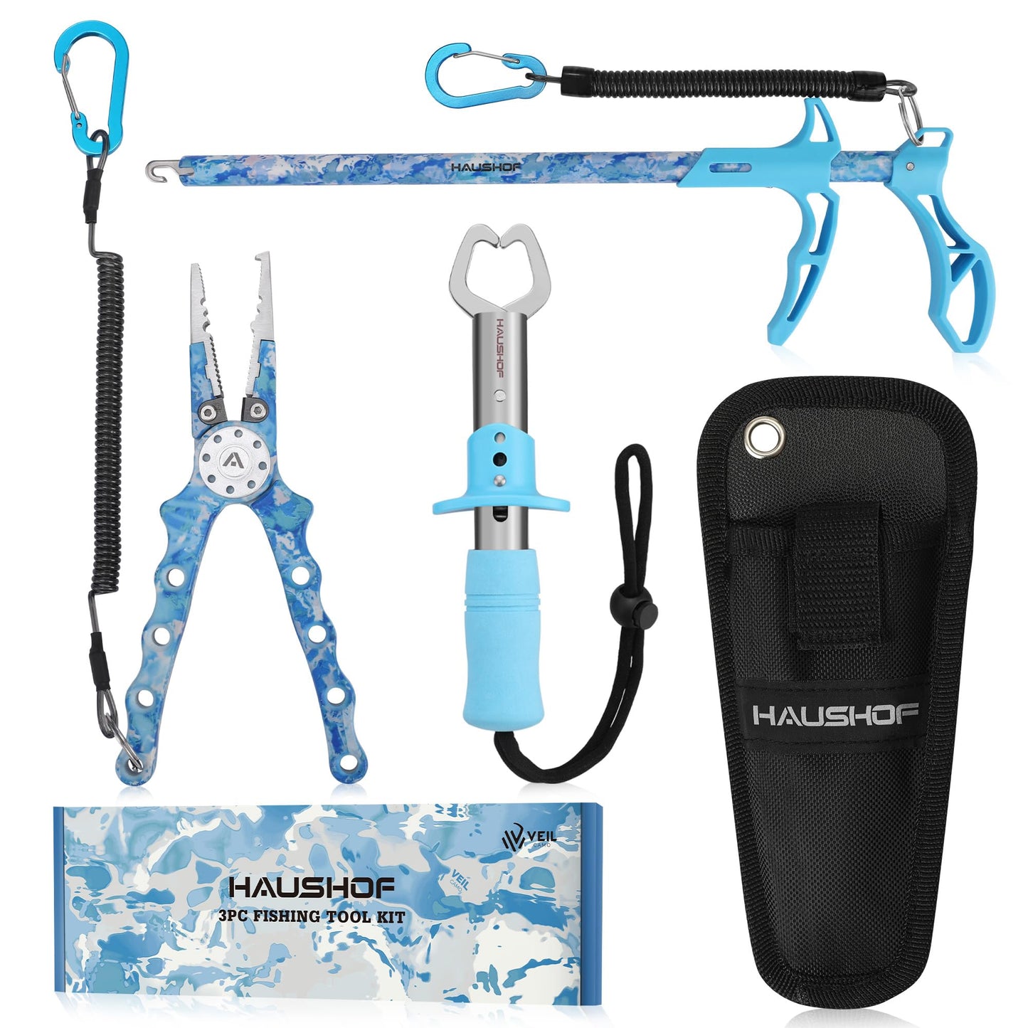 HAUSHOF 3PC Camo Fishing Tool Kit Fishing Pliers with Sheath Fish Lip Gripper Aluminum Fish Hook Remover Saltwater Resistant Fishing Gear for Fly Fishing Gifts for Men Women