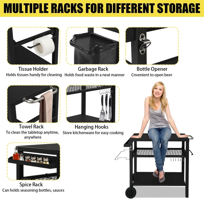 All Black Iron Movable Barbecue Cart With Mesh Basket