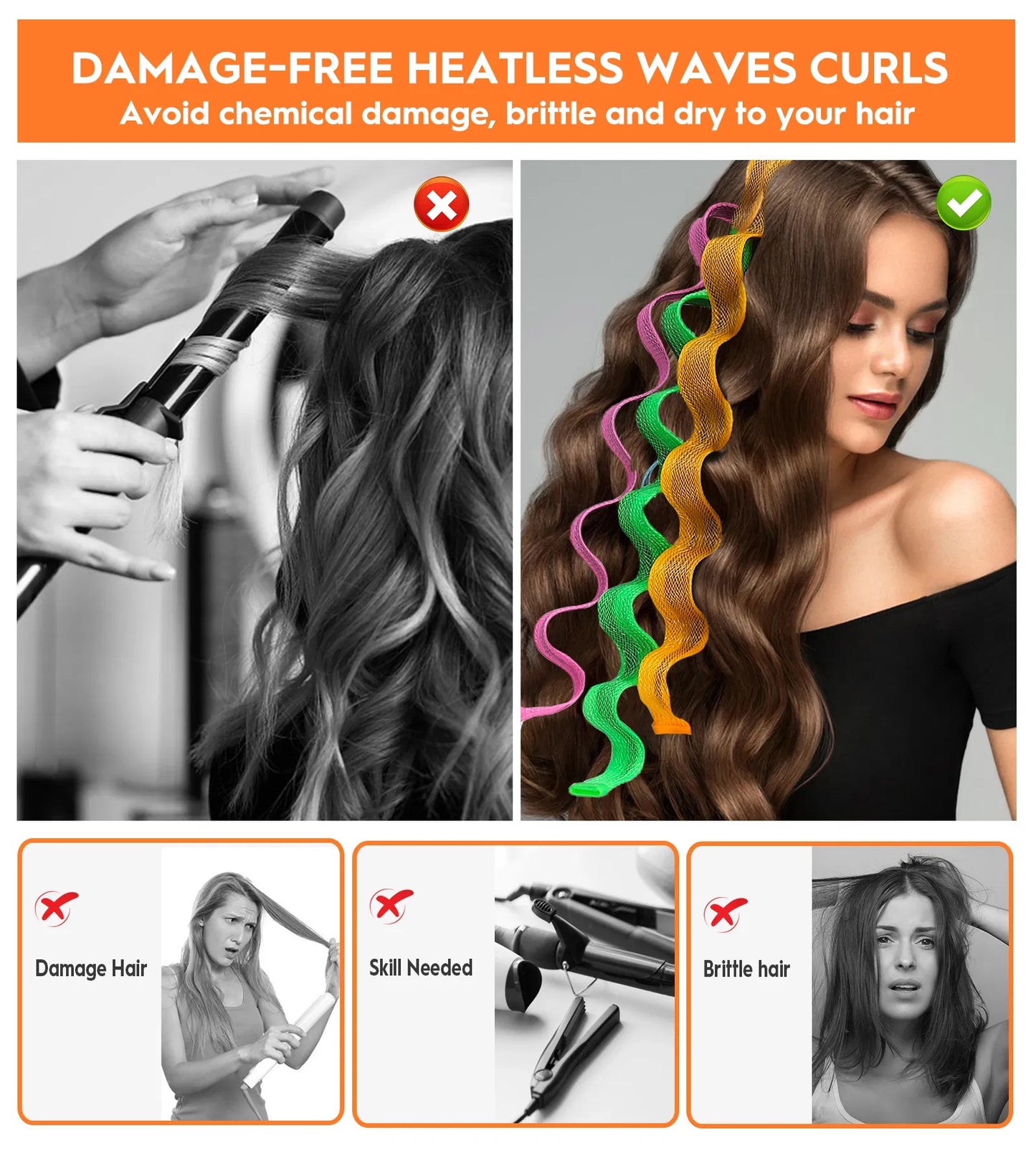ヒートレス ヘアカーラー ウェーブカール スタイリングキット 女性用 女の子用 ヘアケア - 30個 - 6色 - 55cm 11.81インチ