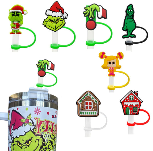 7PCS Straw Toppers2024 New Christmas Straw Cover Cap for Stanley Cup Cute Green Straw Topper Straw Cover for 30&40 Oz Tumbler Reusable 10mm Drinking Straw Tip Covers Stanley Cup Accessories