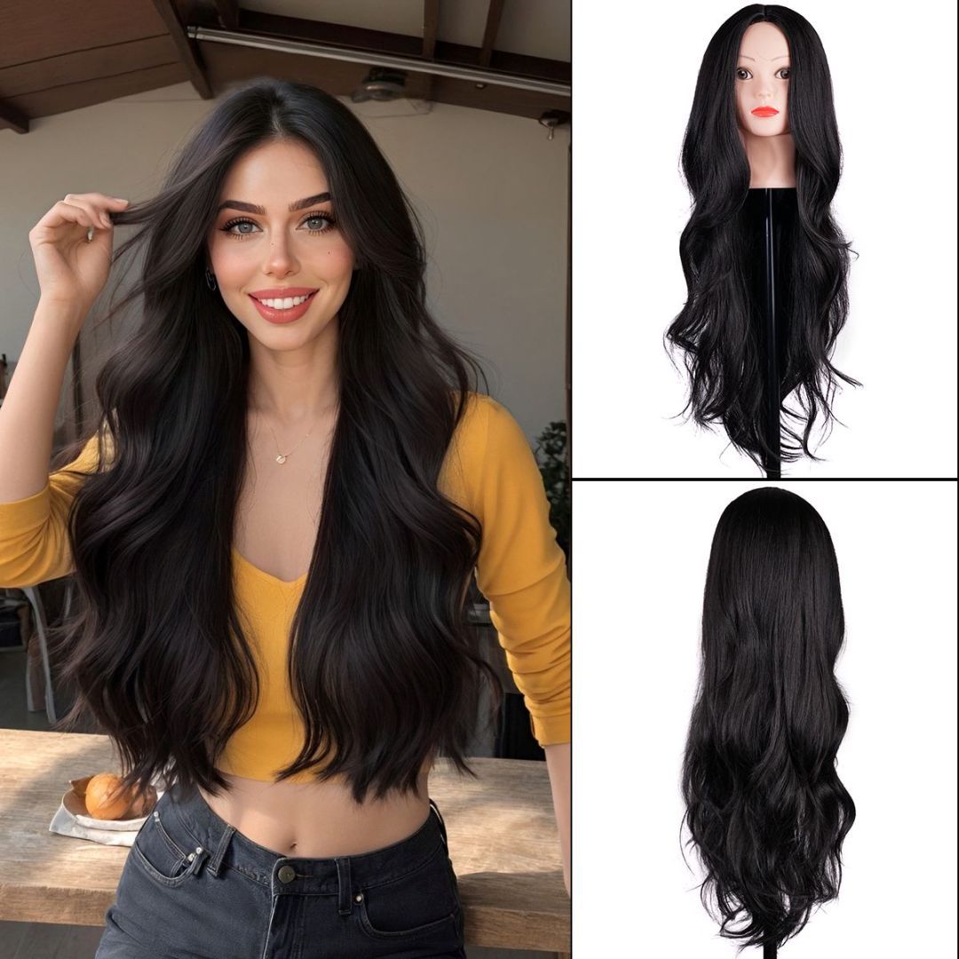 bald beautiful woman long hair hair loss confidence - black wig
